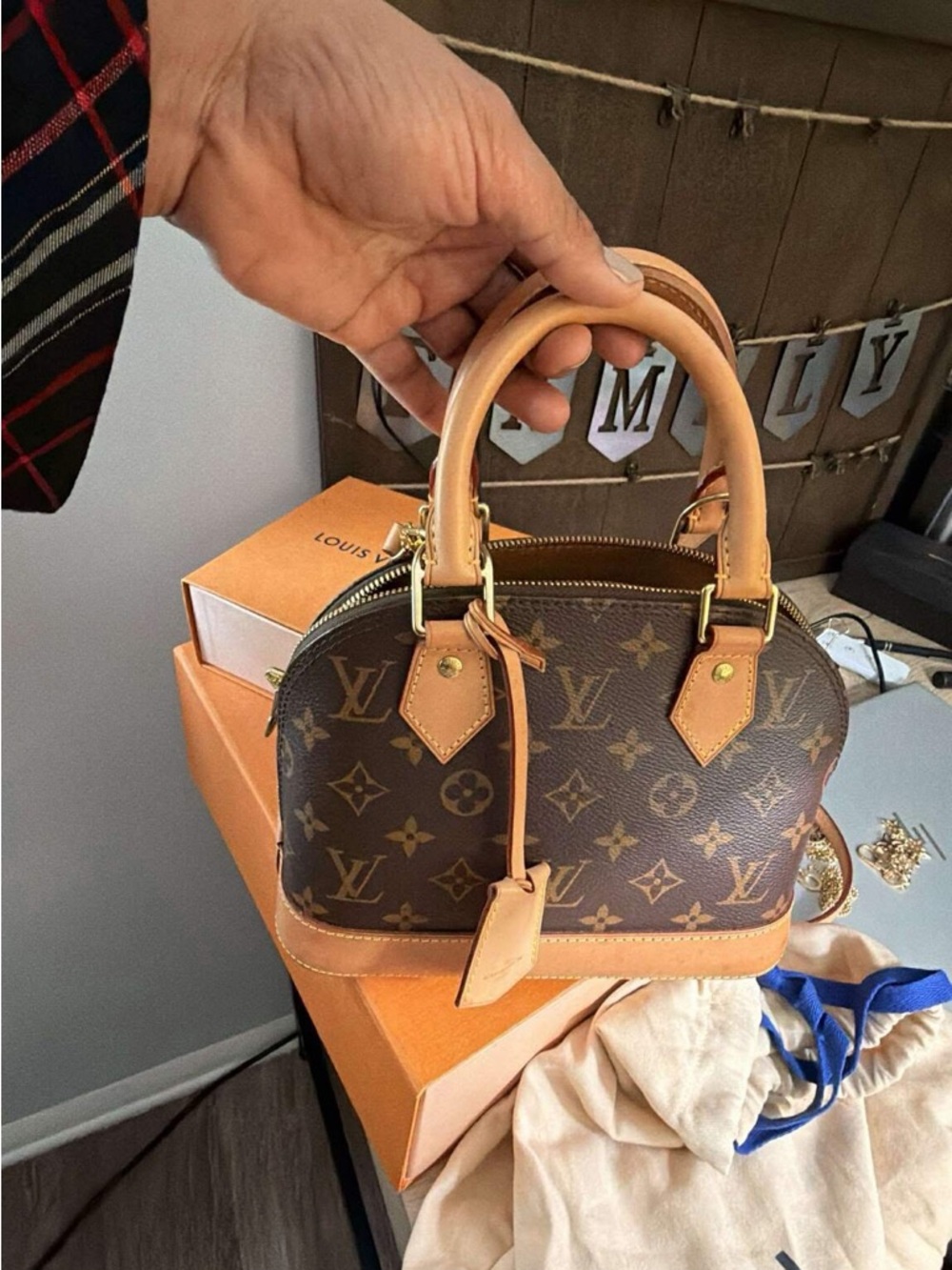 Louis Vuitton Brown Monogram Mini Alma Satchel with Tan Trim